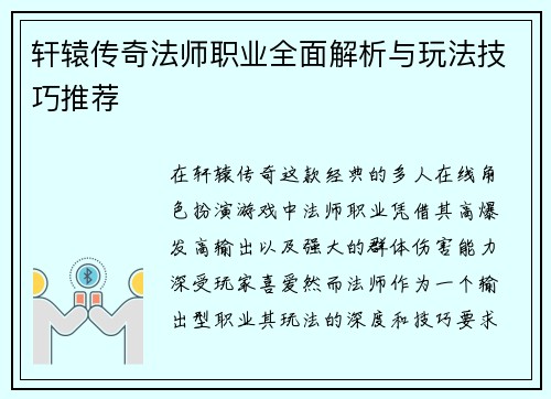 轩辕传奇法师职业全面解析与玩法技巧推荐