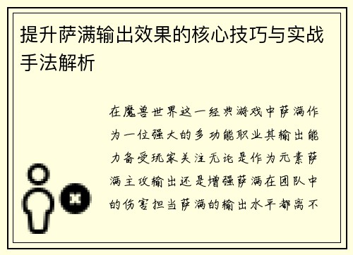 提升萨满输出效果的核心技巧与实战手法解析