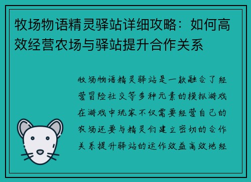 牧场物语精灵驿站详细攻略:如何高效经营农场与驿站提升合作关系